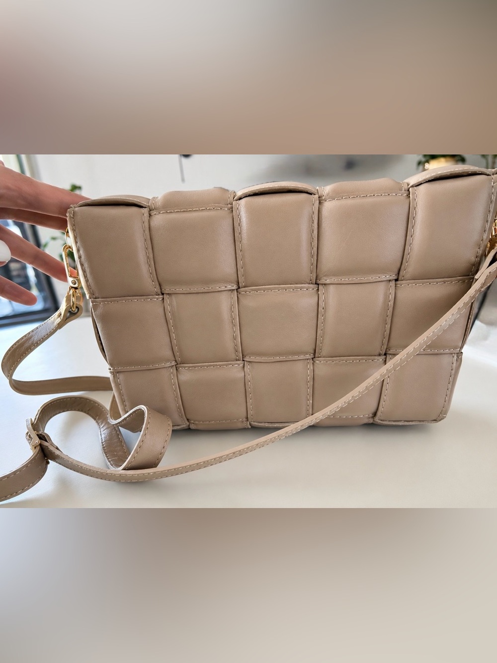 Italian Genuine Leather Woven Crossbody Bag • Florence • Taupe Beige • medium